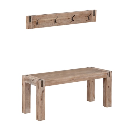 Alaterre Furniture Woodstock Acacia Wood with Metal Coat Hook and Bench Set, Brushed Driftwood ANWO032926